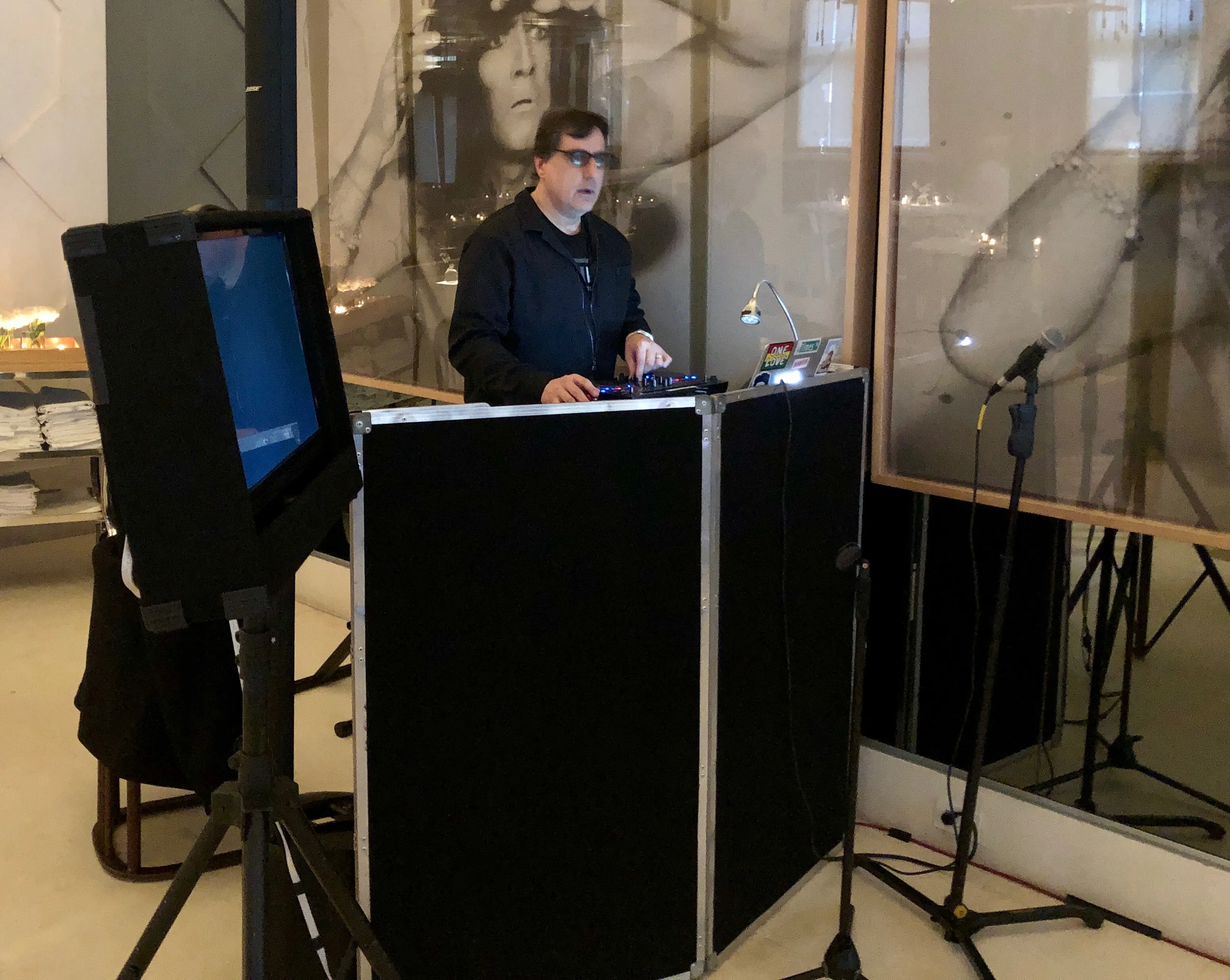 Karaoke rental rig set up at Mr Chow in NYC: PA, mics, and lyric screen