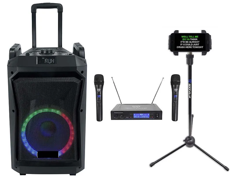 Portable karaoke rental system: speaker, two wireless mics, and a tablet stand